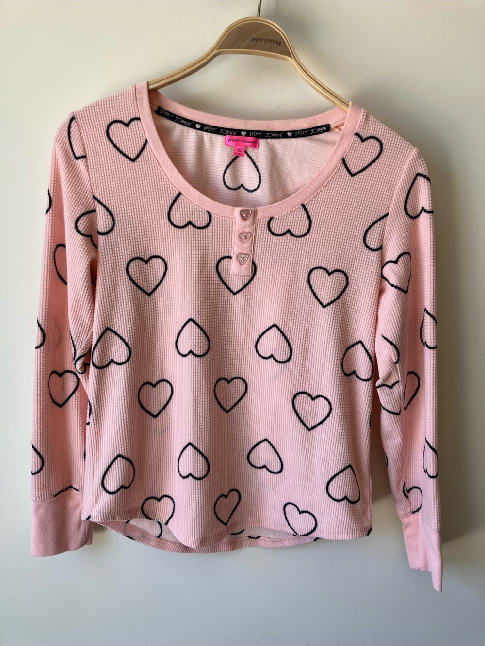 BETSY JOHNSON Pink Heart Print Waffle-Knit Top Long Sleeves PJ Top Size S NWOT